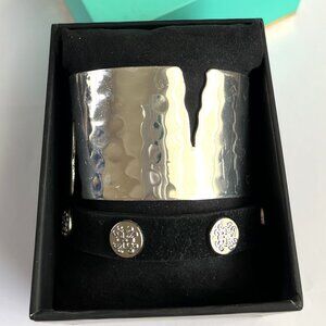 GIFT BOX INCLUDED Rustic Cuff Silver 1.5" Hammered Slv & Calfhair Logo Wrap Set